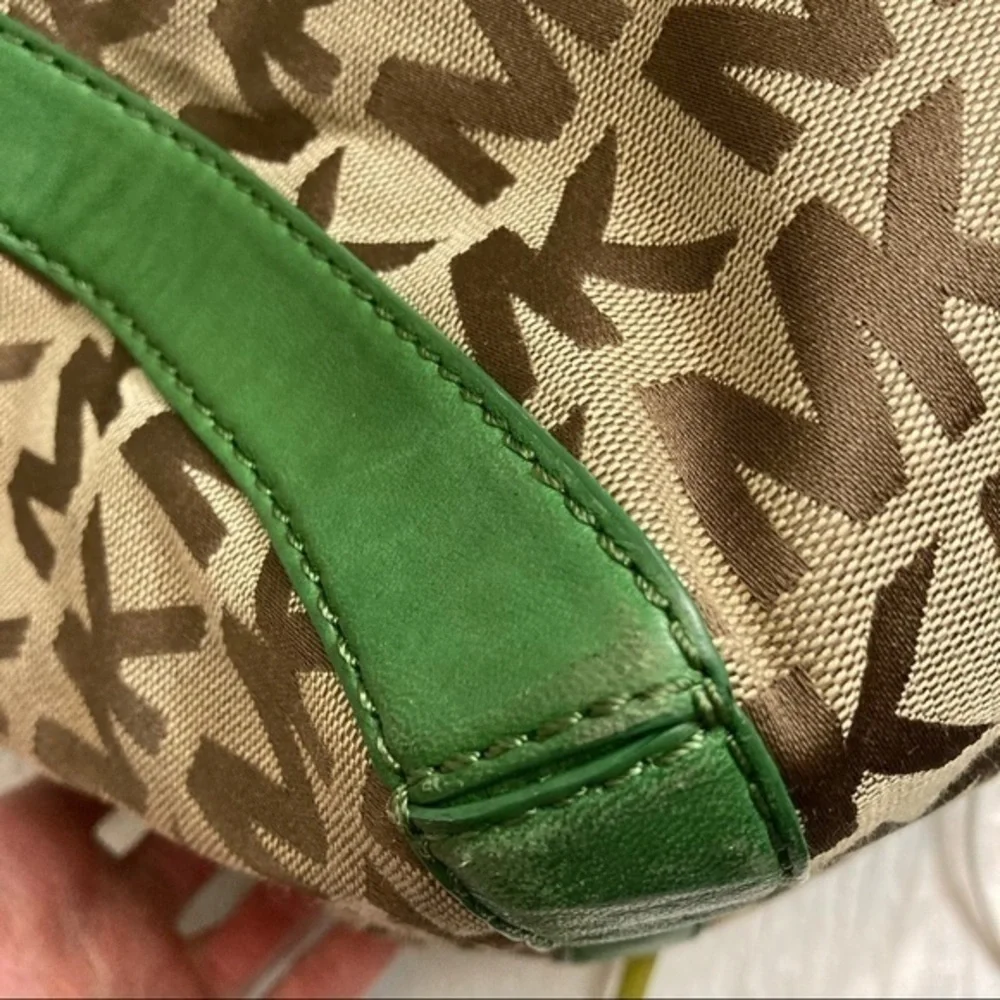 Michael Kors signature mk brown with green leather shoulder bag